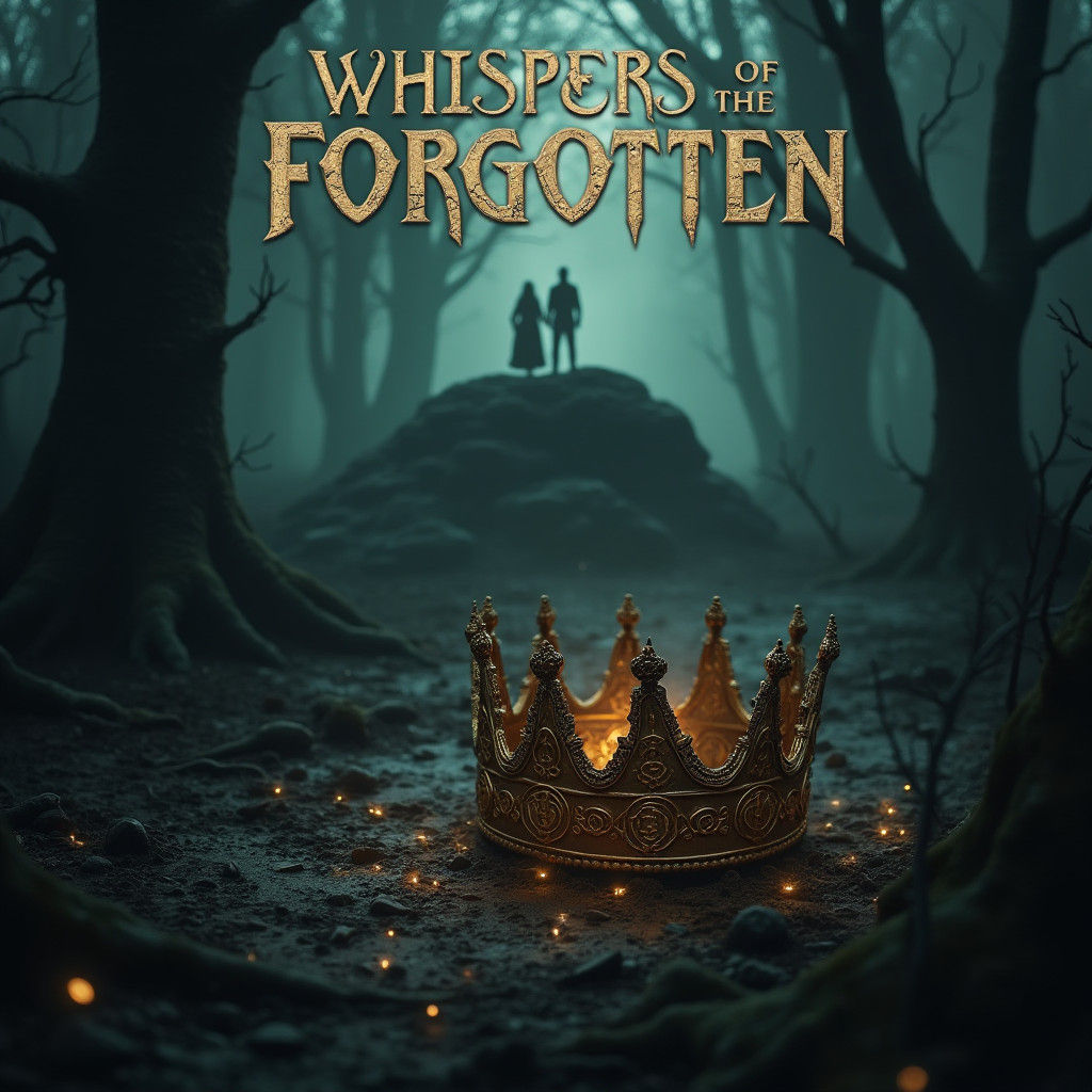 Broken Crown in Misty Forest with Glowing Runes