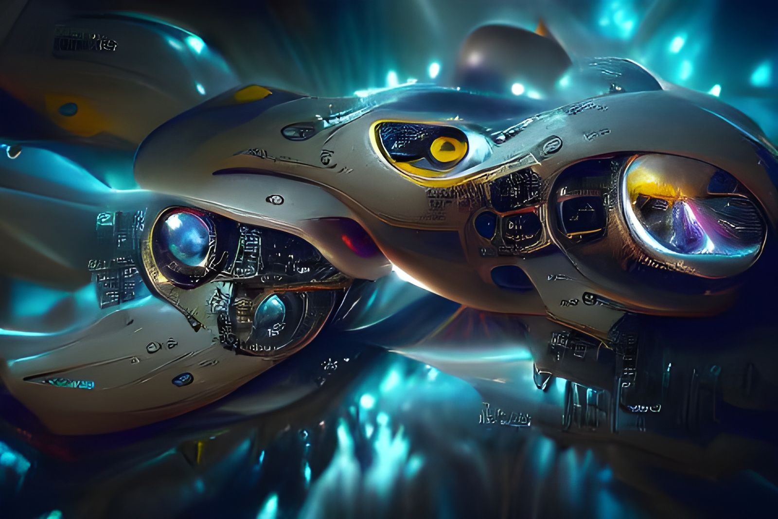 “Cosmic spaceship with glowing cyborg eyes”