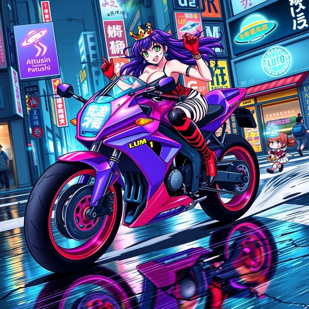 Lum Invader on Cyberpunk Bike, Manga Style