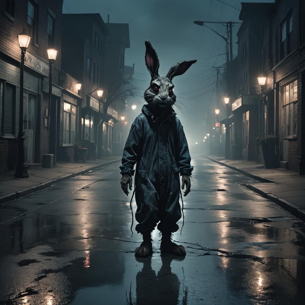 Menacing Rabbit in Twisted Costume: Dark Surrealism