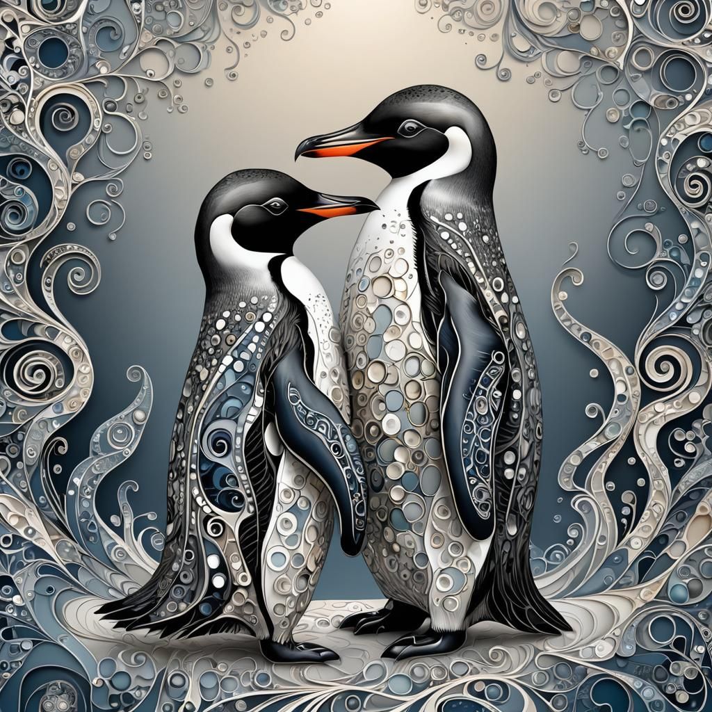 Penguin Love in Klimt-Inspired Abstract Style