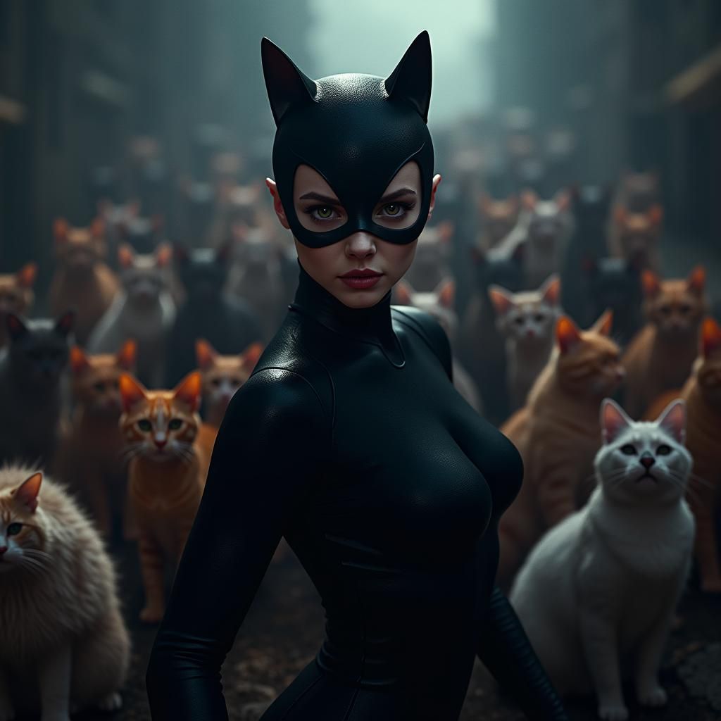 Photorealistic Catwoman Surrounded by Cats in Dark Setting
