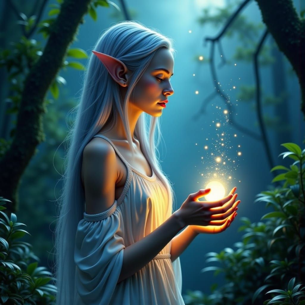 Ethereal Elven Woman in Mystical Forest Touches Glowing Orb