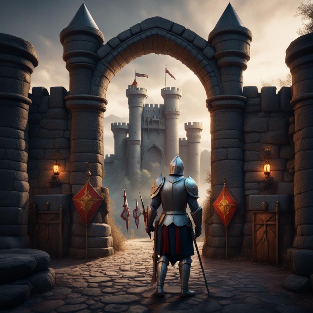 Knights Guarding a Castle Entrance in Detailed Matte Paintin...