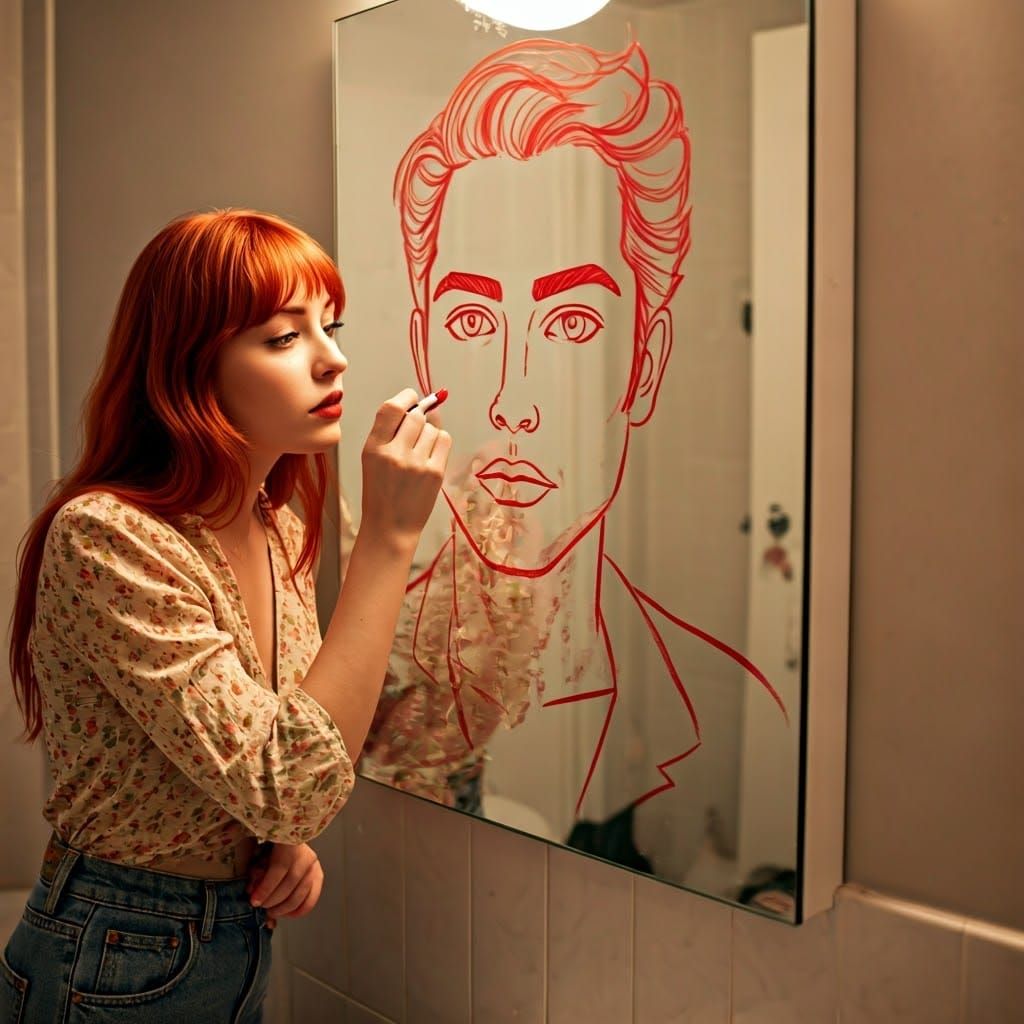 Sensual Portrait Drawn in Red Lipstick on a Smudged Bathroom...