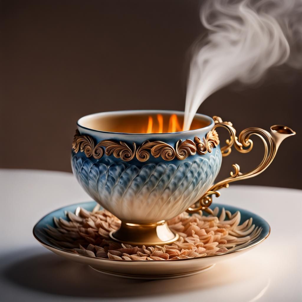 Tulip Petal Teacup with Spiraling Steam in 8K