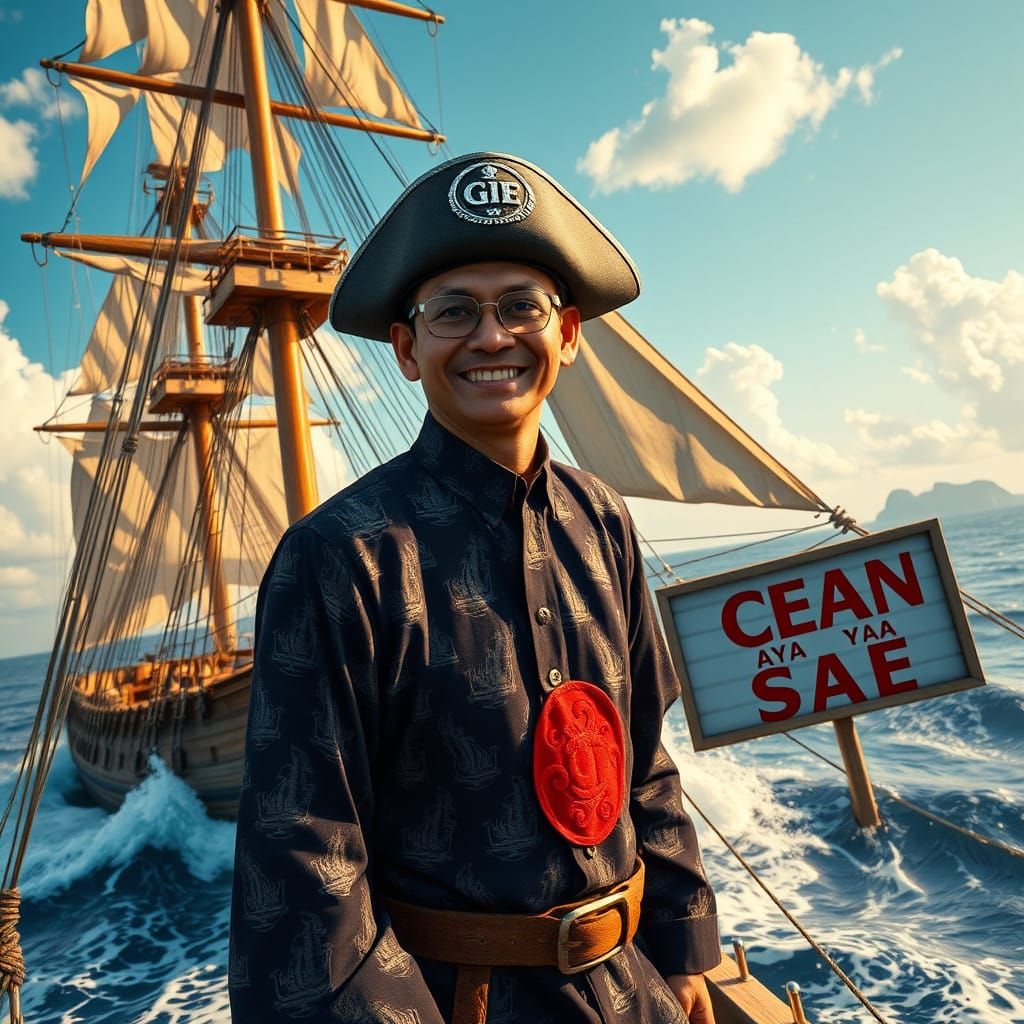 Majestic 18th-Century Sailing Ship in Indonesian Batik Style