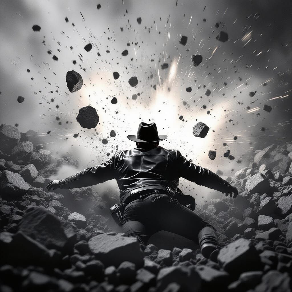 Hero Amidst Dynamite Blast in Noir Style