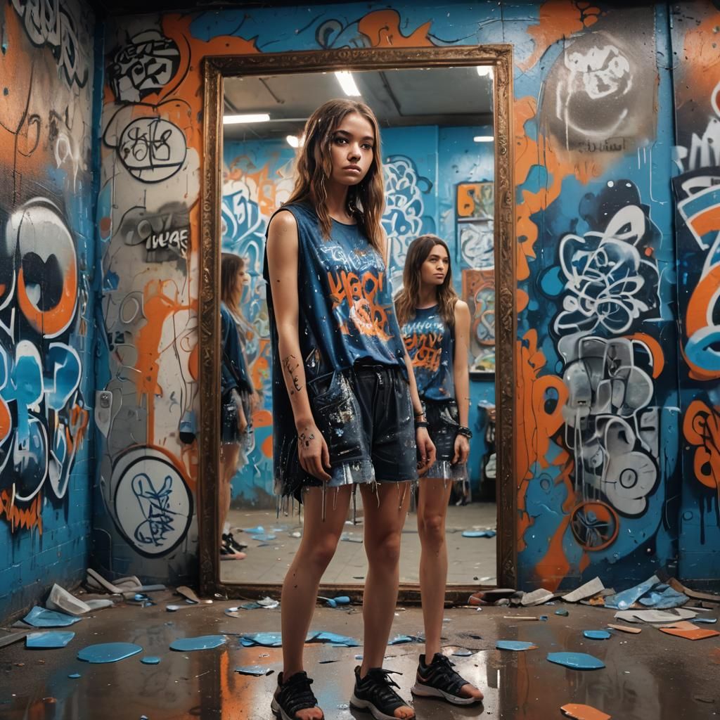 Girl and Graffiti Mirror, Detailed Digital Artwork