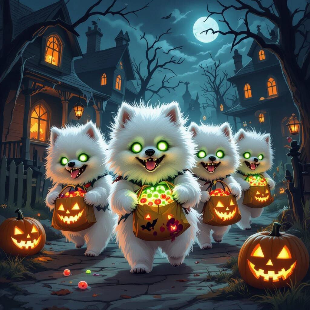 Zombie Pomeranians Trick-or-Treating Halloween Night