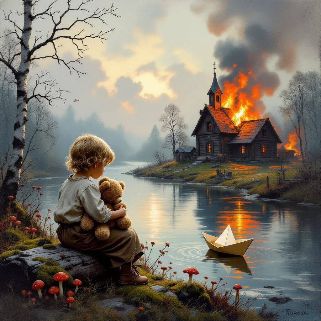 Child with Teddy Bear Amidst Burning Village