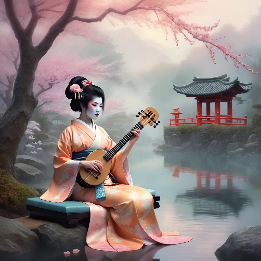 Geishas Play Traditional Instruments: Digital Art