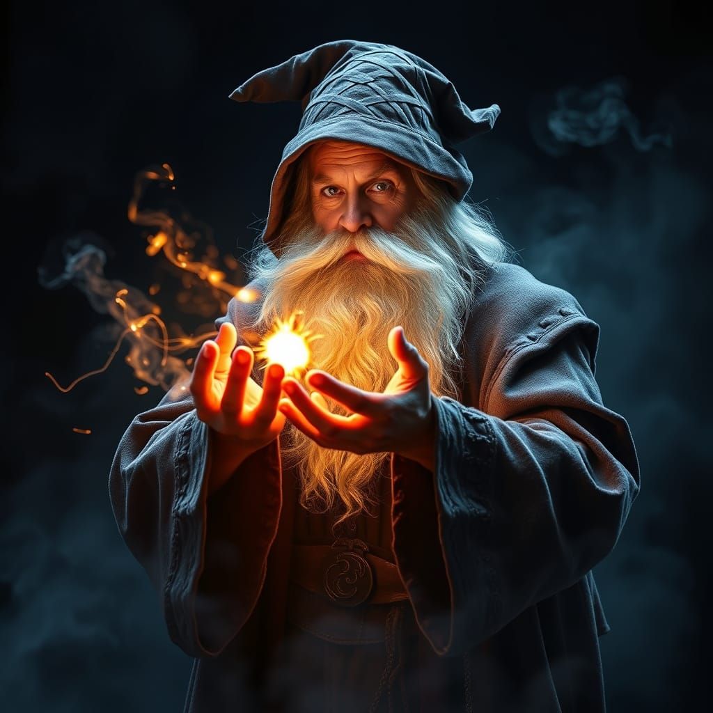 Wizard Conjuring Spell with Dramatic Lighting