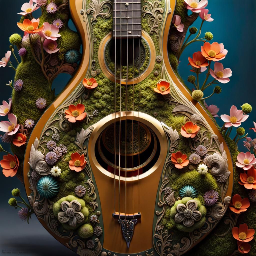 Fantasy Guitar with Moss and Flowers: Detailed 8K
