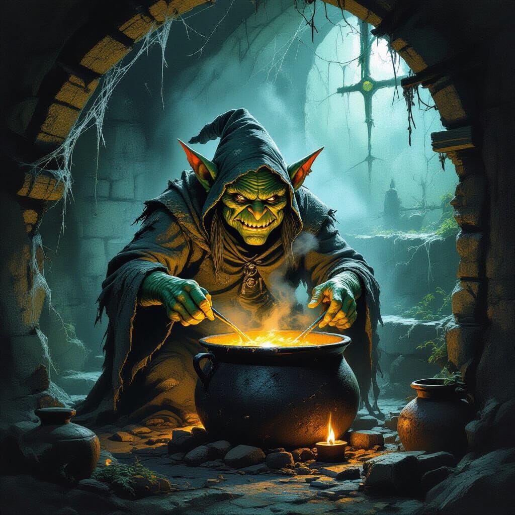 Grotesque Goblin Stirring Cauldron in Dark Dungeon
