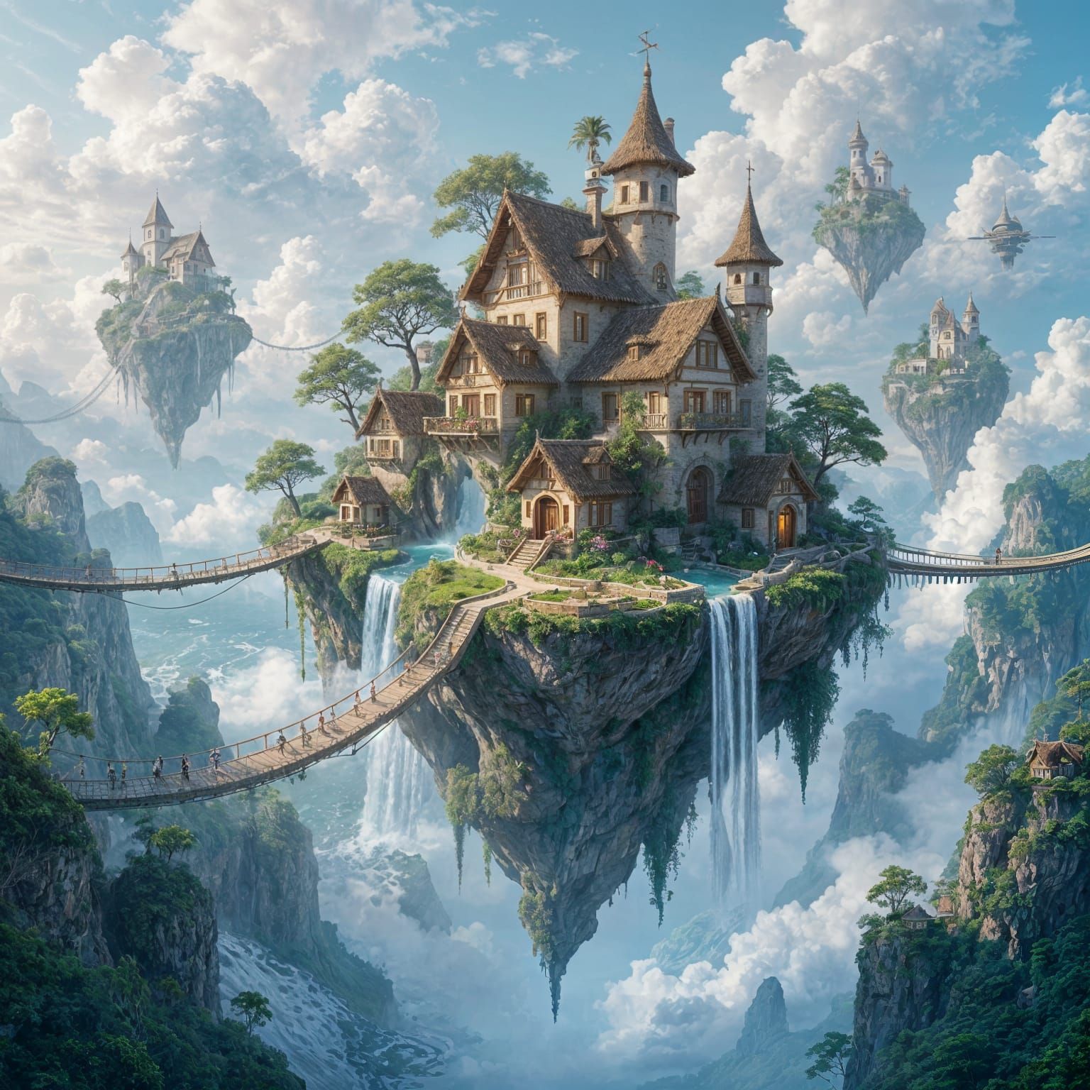 Gravity-Defying Island Village with Upward Waterfalls