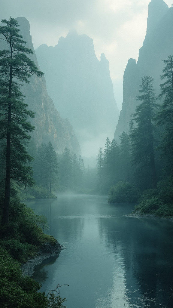 Mystical Primeval Forest with Towering Mountains