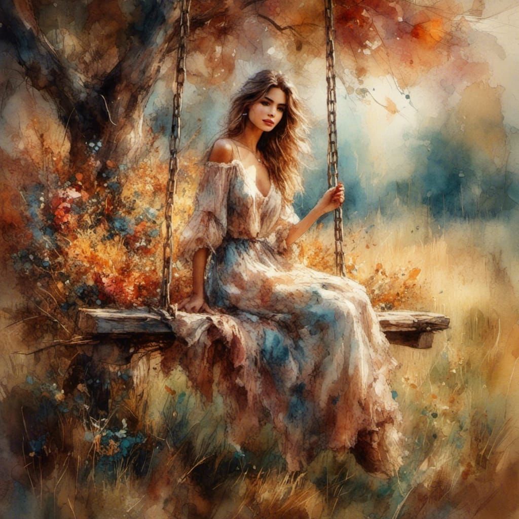 Woman on Swing in Impressionistic Watercolor Style