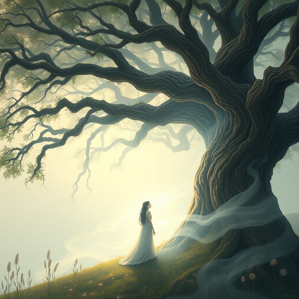 Dryad Enchanted by Prophet of Bluish Light in Whimsical Drea...