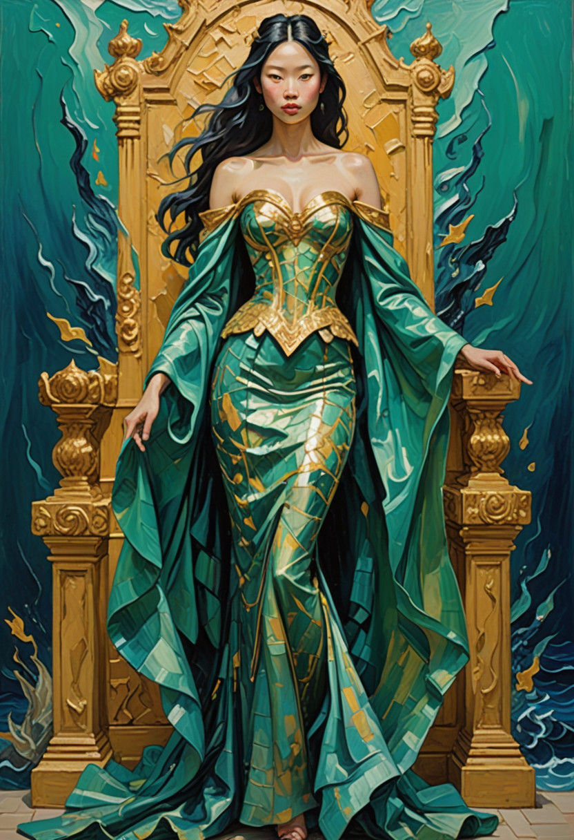Regal Underwater Goddess in Vibrant Impasto Style