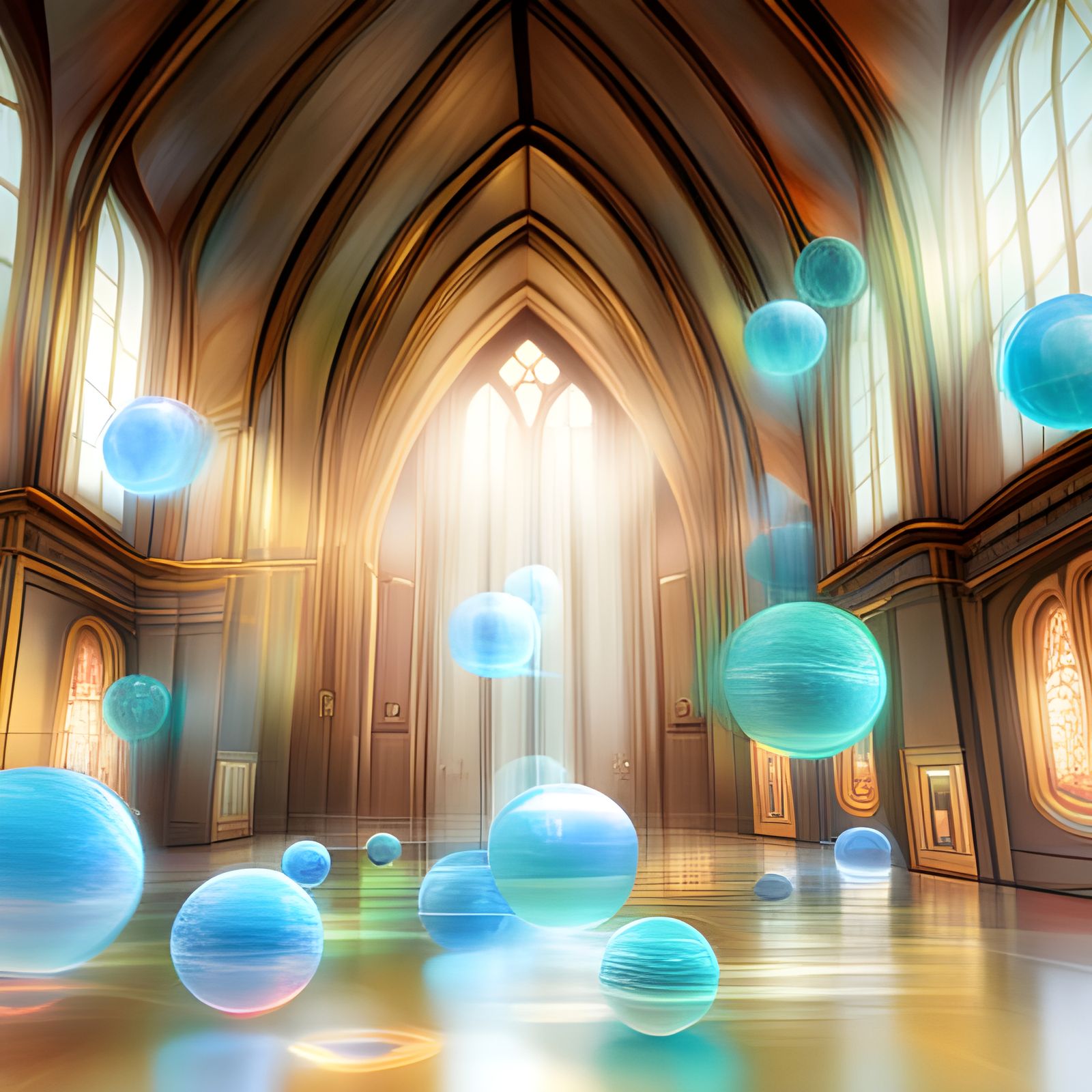 Iridescent Golden Orbs in a Church, Fantasy Illustration