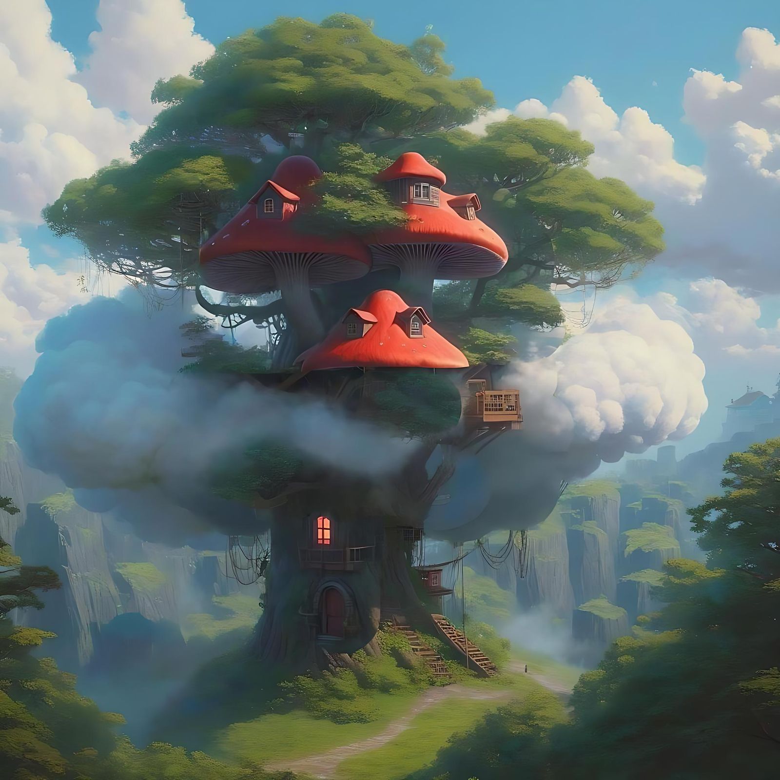 Glowing Red Mushroom Treehouse Digital Painting