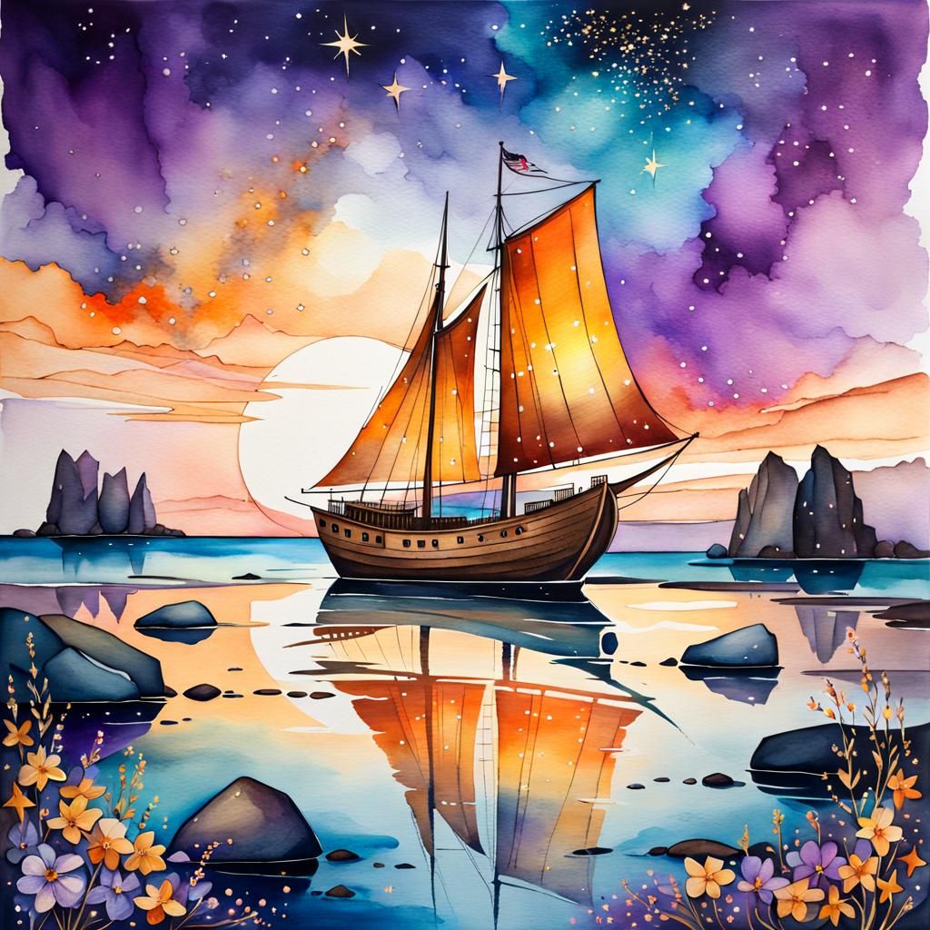 Watercolor Ship at Dusk with Oversized Sail