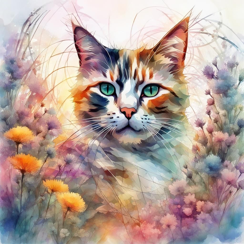 Watercolor Cat in Flower Garden Double Exposure
