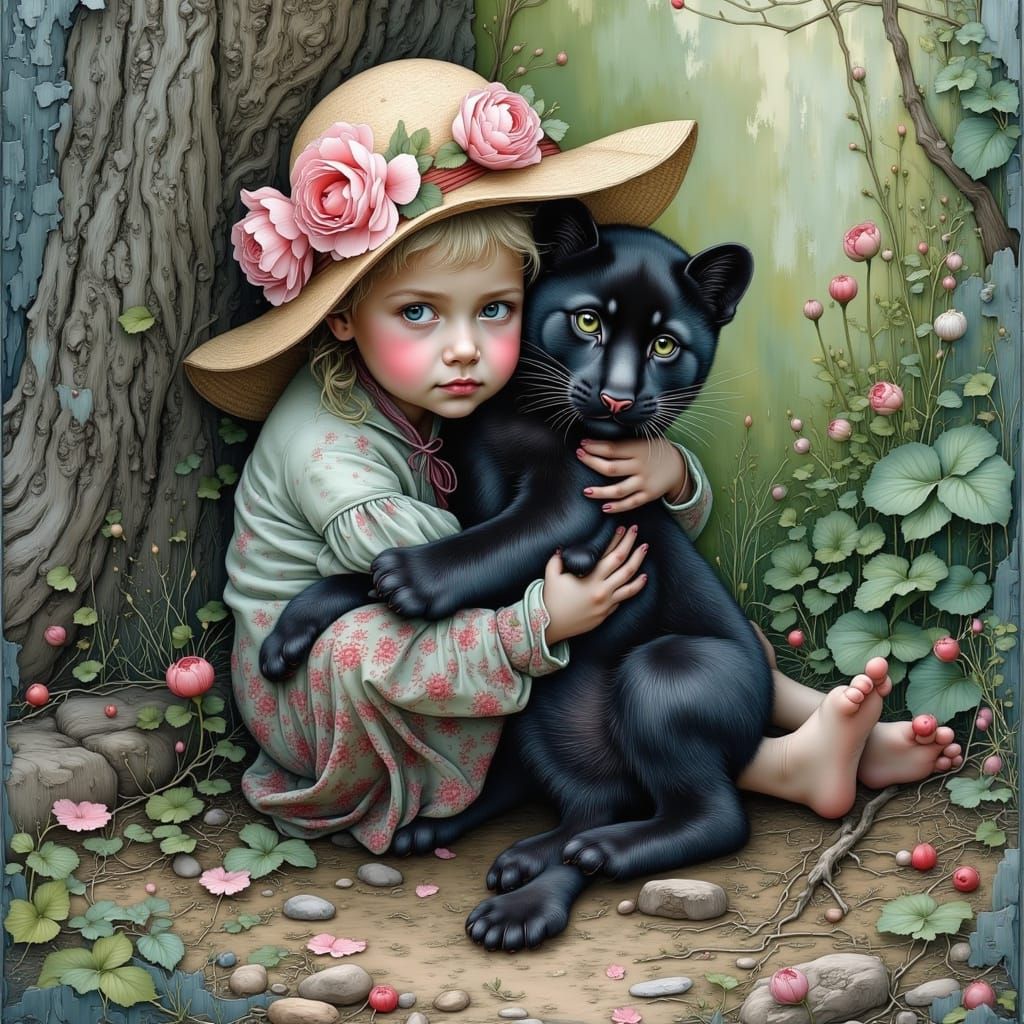 Girl Hugging Panther Cub with Thick Brushstrokes