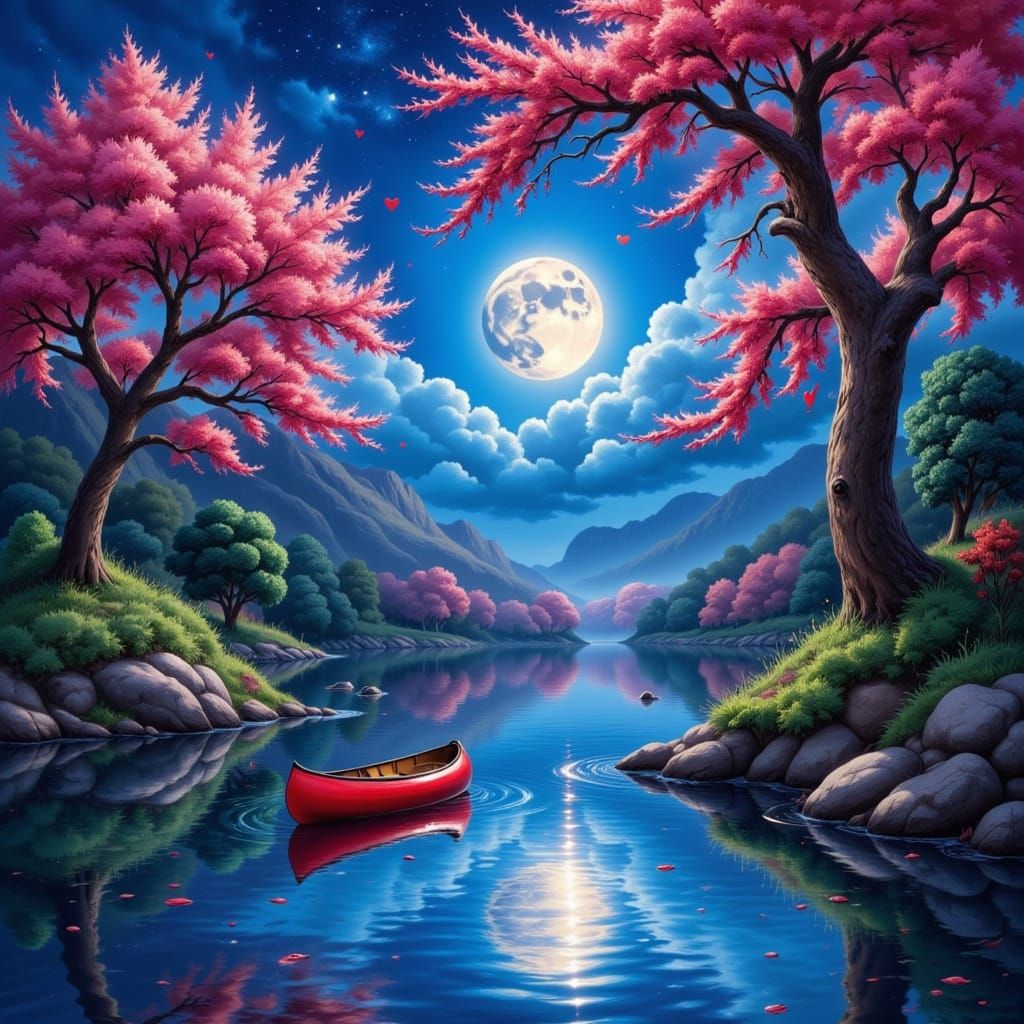 Serene River Scene with Moonlit Cherry Blossoms