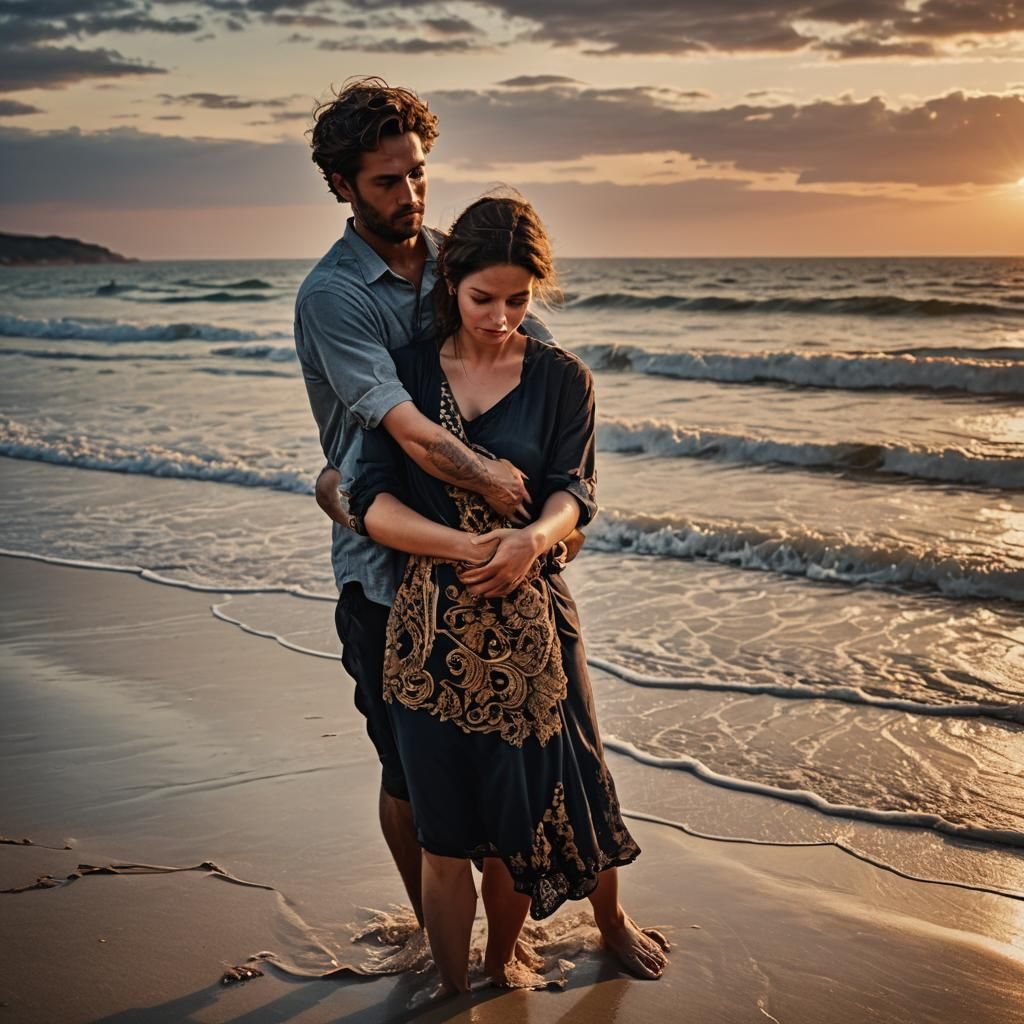 Romantic Beach Sunset Embrace, Hyperrealistic Detail