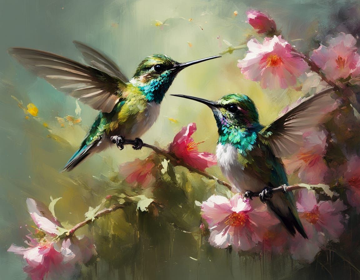 Hummingbird Chicks Feeding: Insanely Detailed Matte Painting