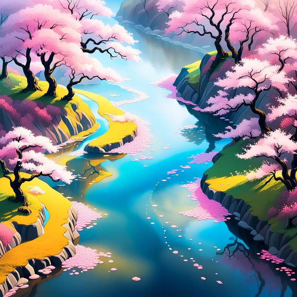 Ethereal Kintsugi Landscape with Cherry Blossoms