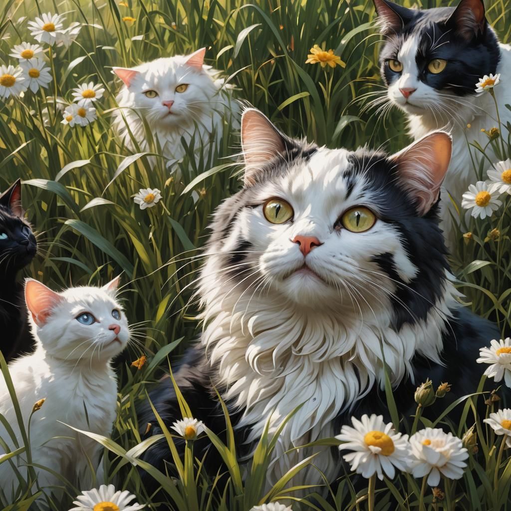 Cats Dining in Long Grass: Leonardo da Vinci Style