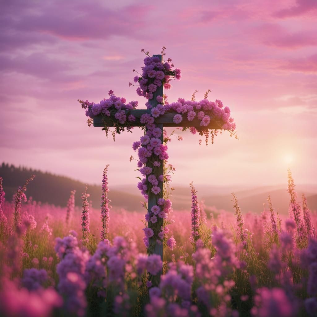 Cross in Field of Flowers with Cinematic Lighting