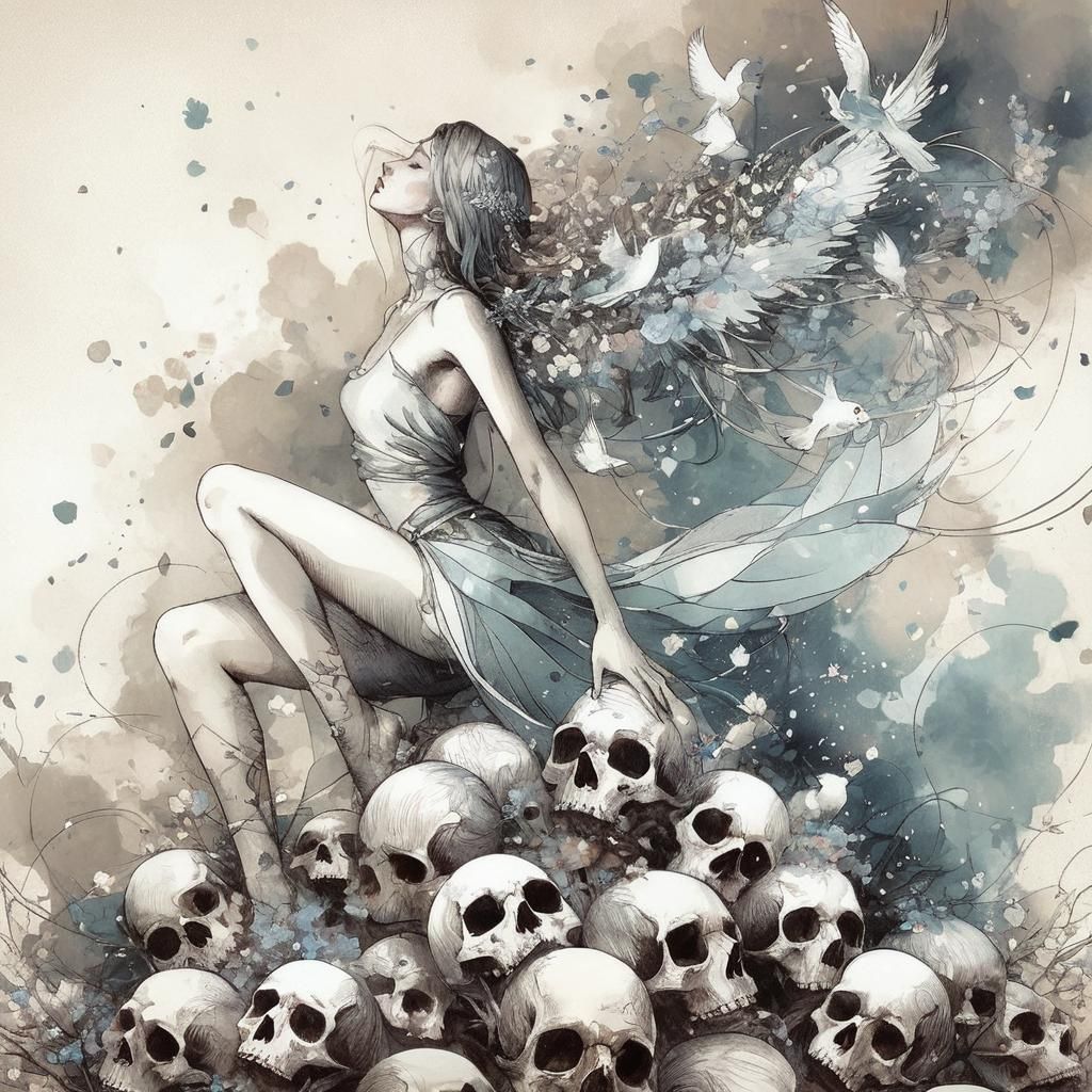 Ethereal Girl with Birds: Whimsical Surrealism