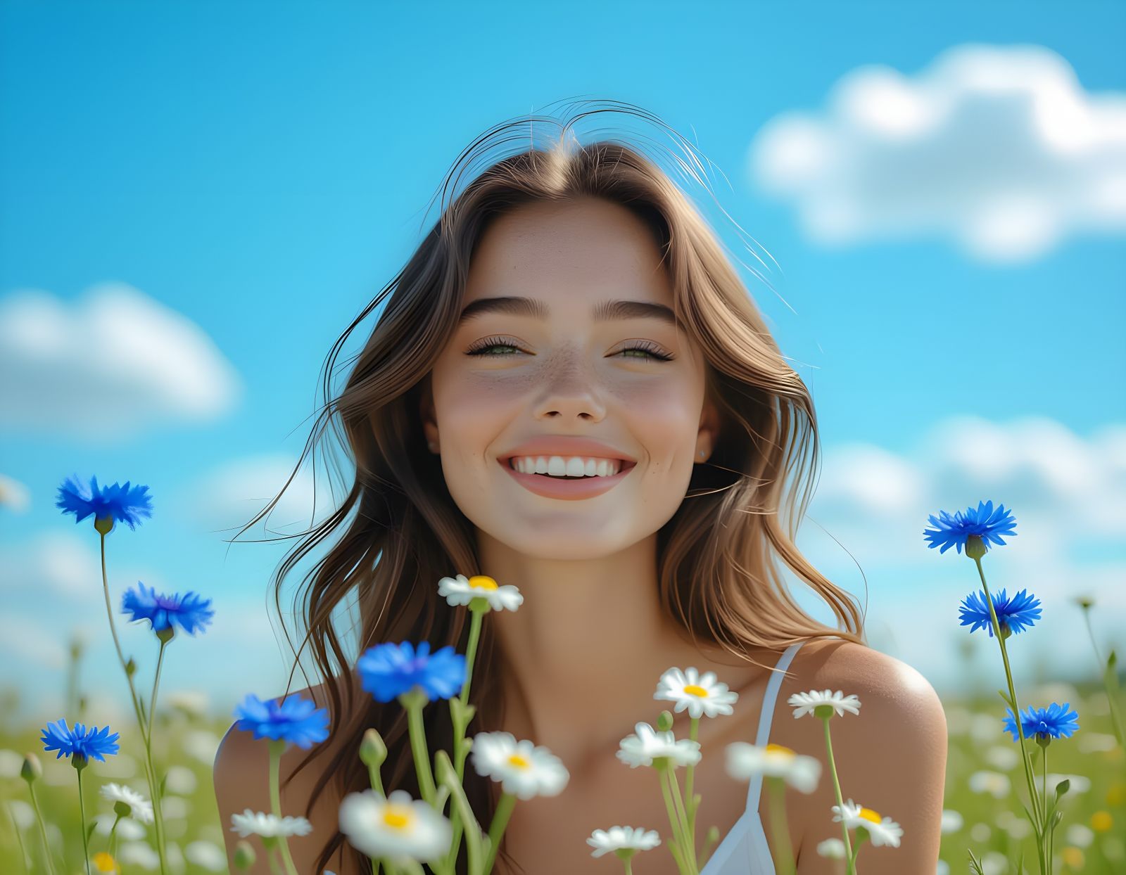 Summer Meadow Reflection with Freckled Girl