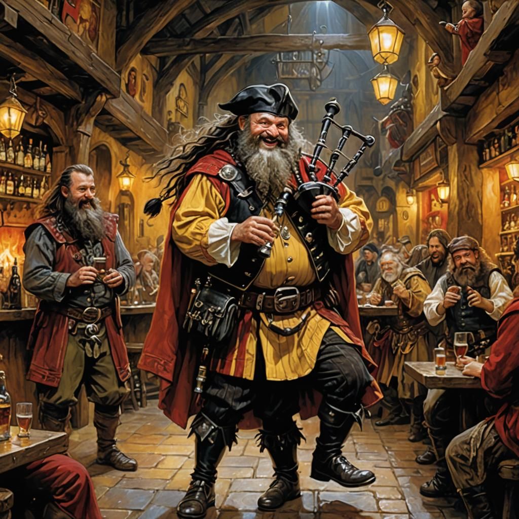 Laughing Dwarf Bard in a Magical Bar