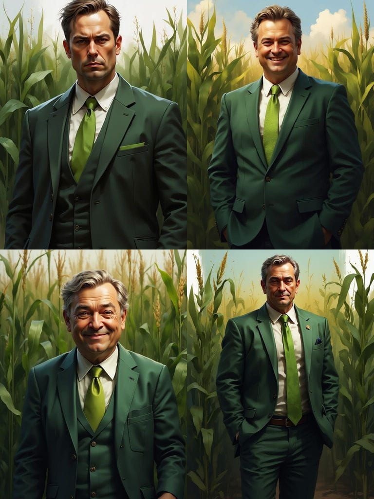 Frumpy Businessman in Cornfield, Dark Green Suit