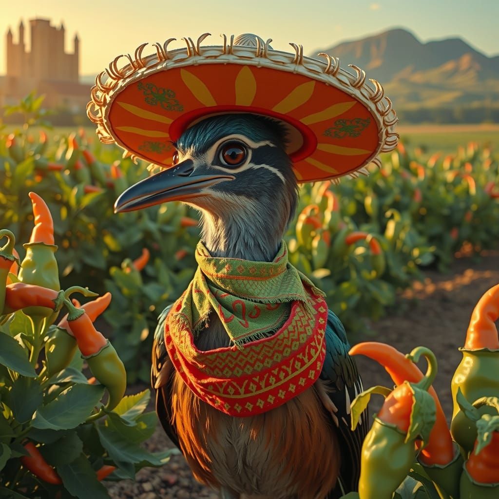 Roadrunner in Sombrero with Chili Field, Mexican Art Style