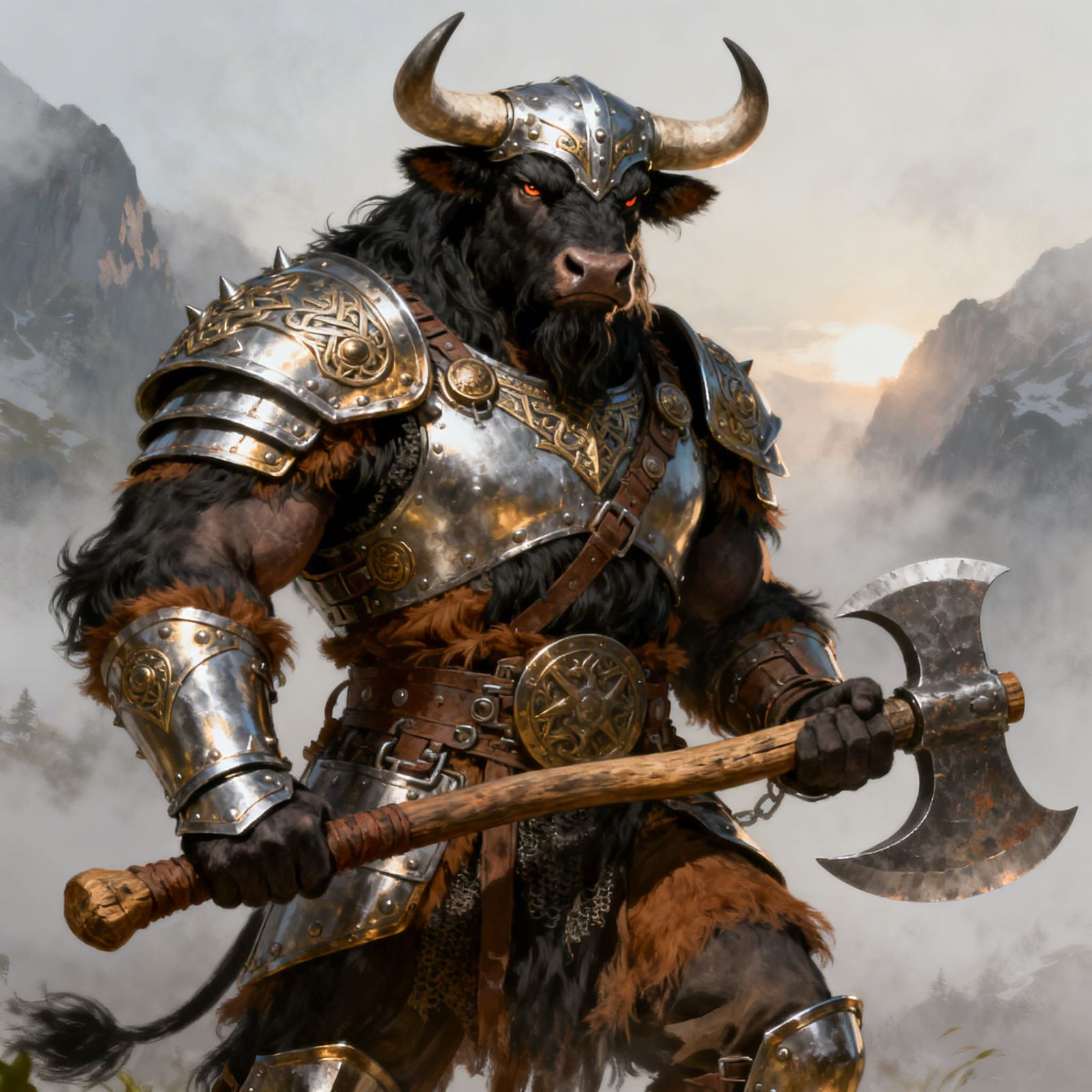 A bold anthropomorphic yak carrying an axe and wearing gleaming Viking style armor. James Gurney Jean Tinguely Luis Royo
