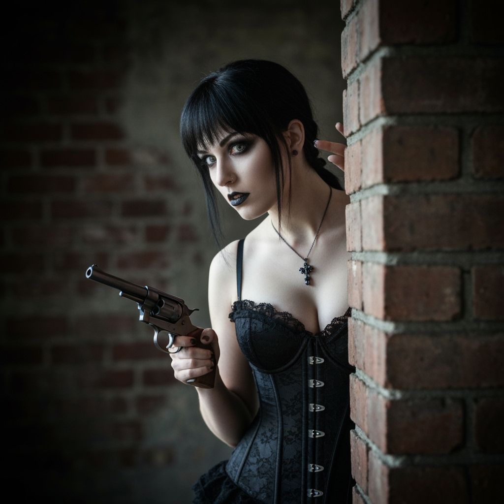 Goth Spy with Vintage Revolver in Moody Lighting