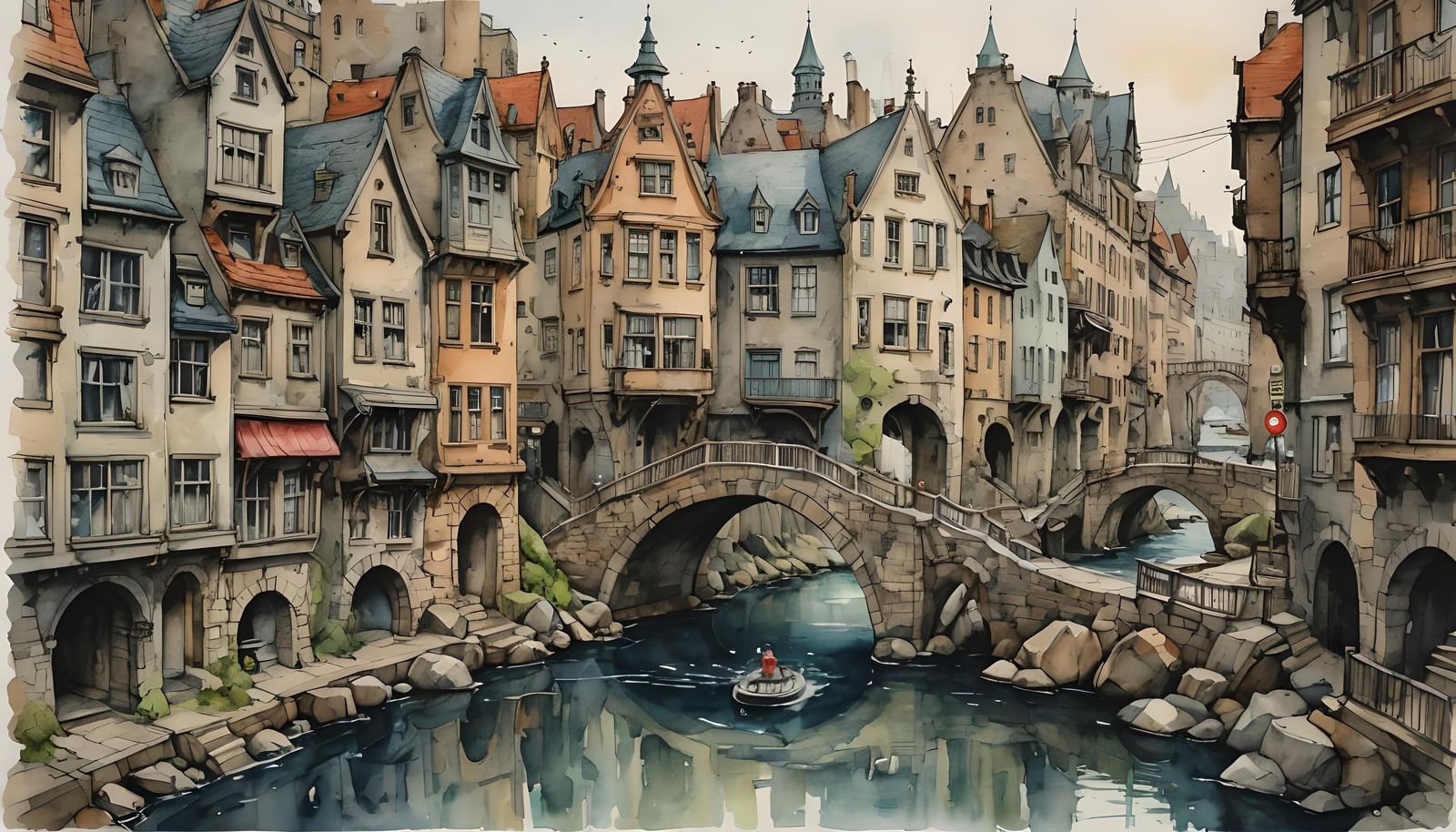 Quiet City Stream in Watercolor and Ink