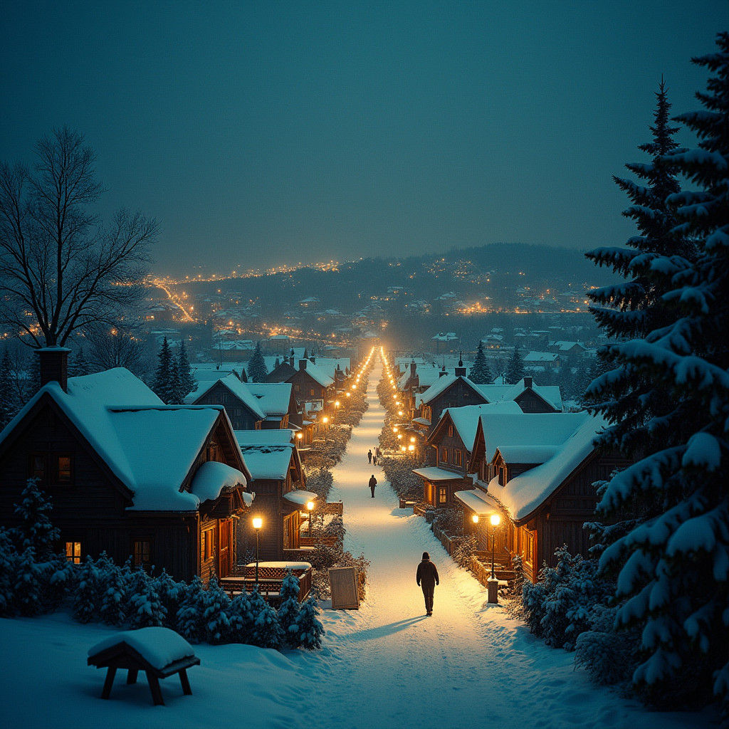 Snowy Village at Night with Twinkling Lights