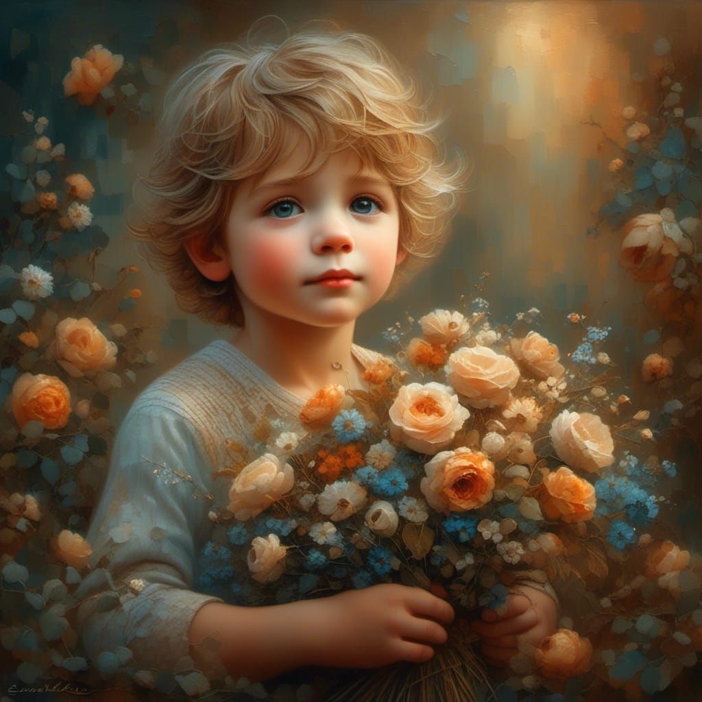 Boy With Flowers in Vintage Children's Style