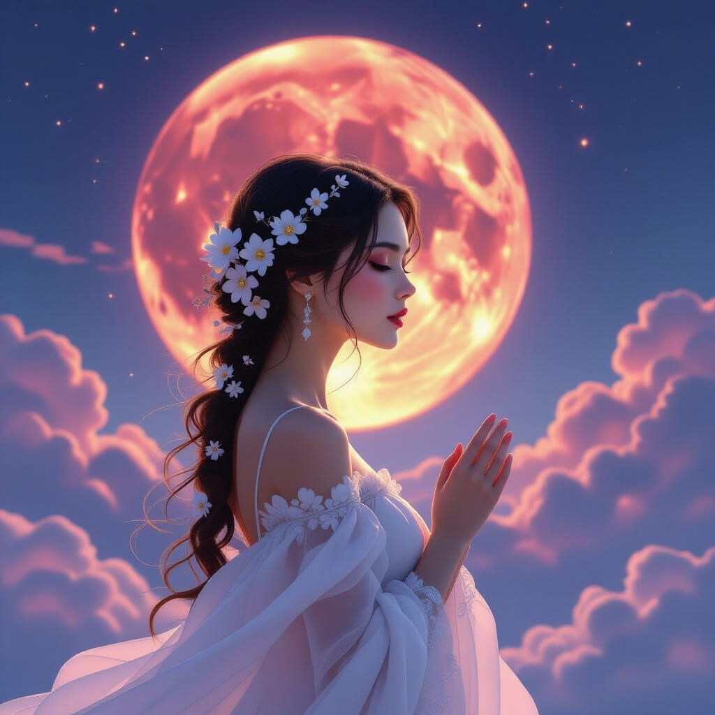 Ethereal Princess Gazing at Red Moon