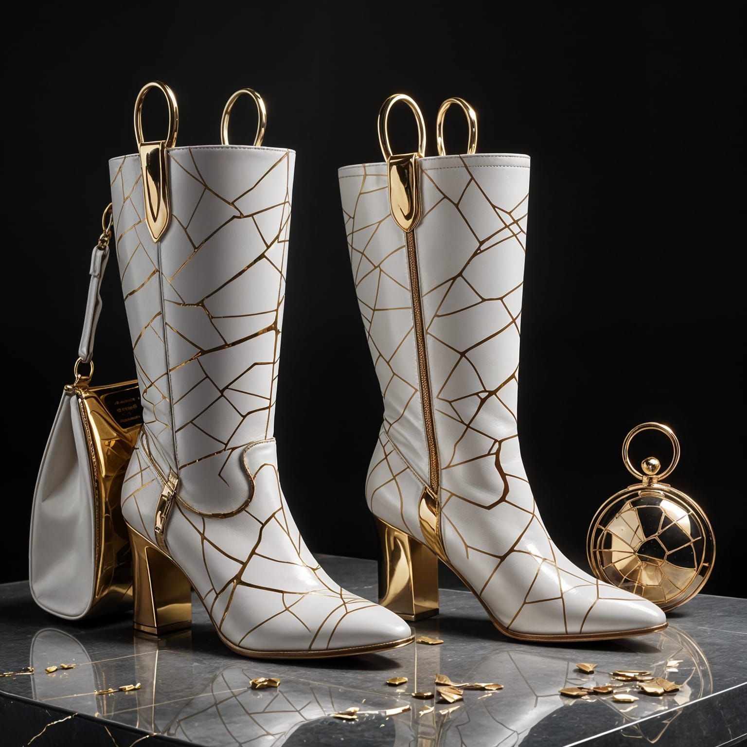 White Kintsugi Boots and Handbag Set
