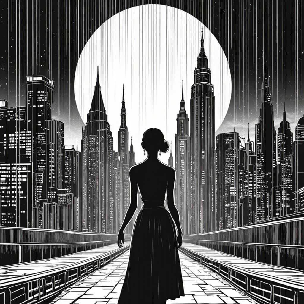 Woman in City Street at Night, a Film Noir-Inspired Black an...
