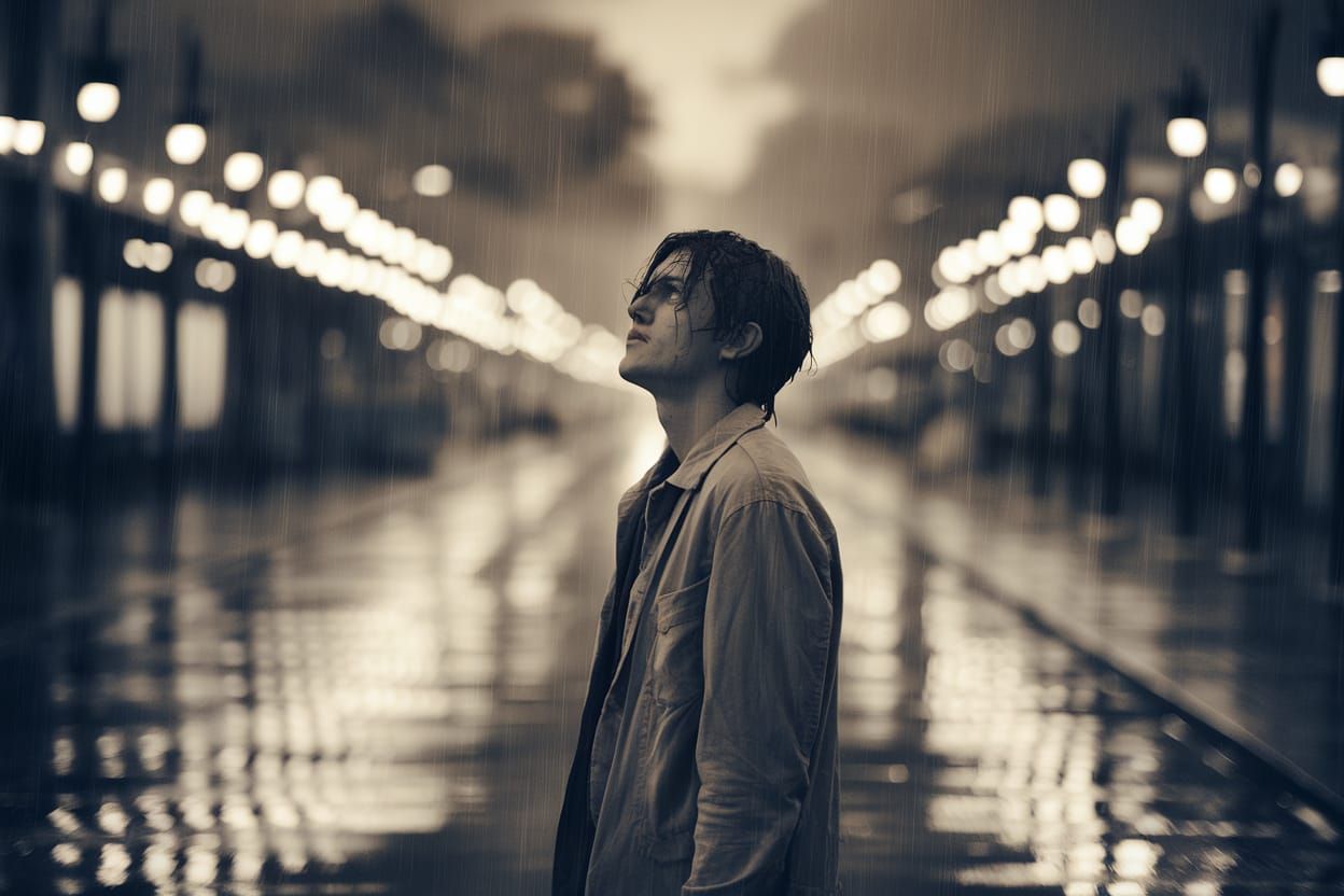 Melancholic Man in Rainy Cityscape: Cinematic Still
