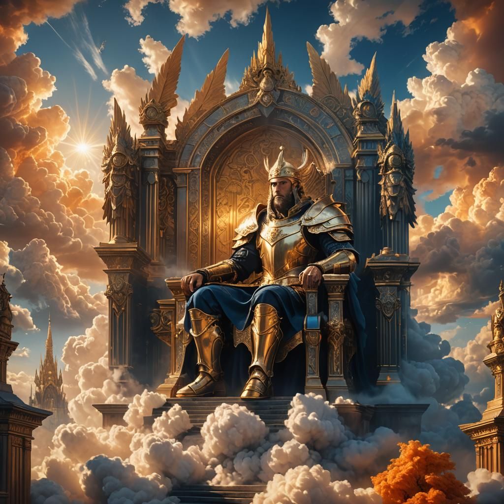 God on Throne Amidst Clouds and Architecture